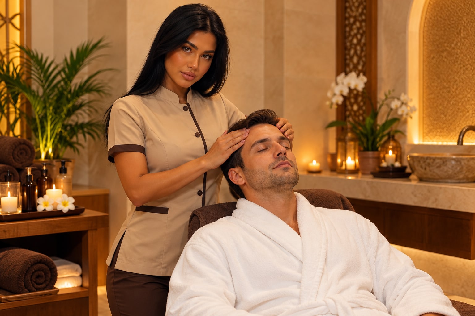AI-generated illustration of a female spa therapist and an adult male guest for Relaxing Massage