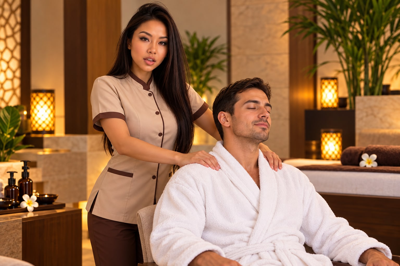 AI-generated illustration of a female spa therapist and an adult male guest for Swedish Massage